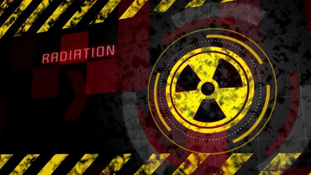 Radioactive pollution. Warning animation of radiation symbol with barrier yellow tape and arrows on red looped background.