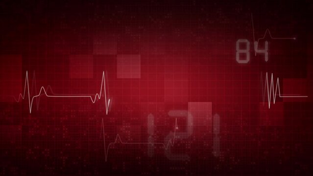 Cardiogram of heart beat. Abstract red background with medical indicators of heart rate. Looped animation with numbers.