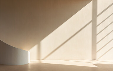 Empty room with a light beige background wall. for product presentation with light and intricate shadow from the window and wall.