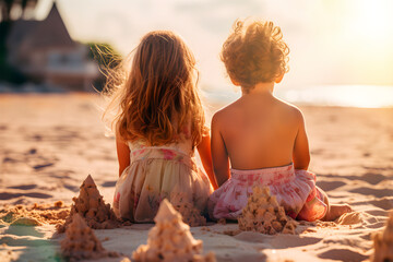 Vista trasera de dos niños pequeños sentados en la arena de la playa viendo la puesta de sol frente al océano.Concepto de amistad e infancia - obrazy, fototapety, plakaty