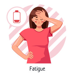 Fatigue. A sick woman feels exhausted, weak and tired. Flu, colds, viral diseases, lack of vitamins and trace elements. Vector illustration in cartoon style, isolated on a white background