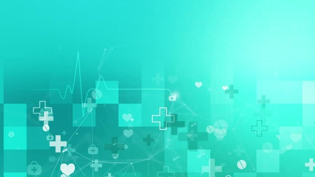Abstract medical green pixel background with healthcare symbols. Heart beat diagram. Looped animation. Scientific hospital symbols.