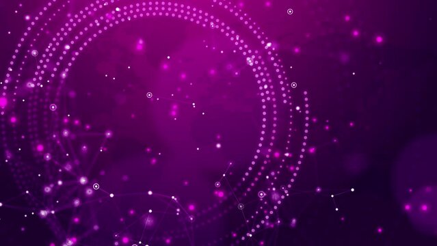 Animation circles on world map. Scientific abstract purple background with connected dots and plexus lines. Looped motion graphic.