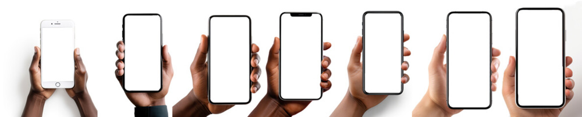 A set of female and male hands holding a smartphone with a blank screen in different orientation, isolated on a white background
