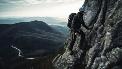 A brave climber conquers a challenging peak, demonstrating courage and engaging in extreme sports. Surrounded by mountains, Reach the top overcoming risks in this adventurous activity. Generative AI