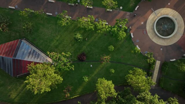 Overhead drone shot of friends playing frisbee in park at sunset