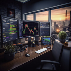 A table with computers and trading charts, with a background of a city.