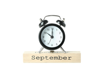 PNG,alarm clock and wooden block with text September ,isolated on white background