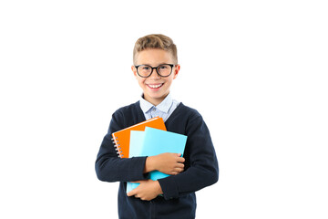 PNG,boy with glasses and copybooks ,isolated on white background