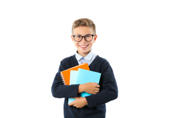 PNG,boy with glasses and copybooks ,isolated on white background