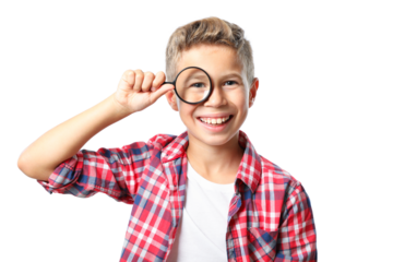 PNG,boy in shirt with magnifier, isolated on white background