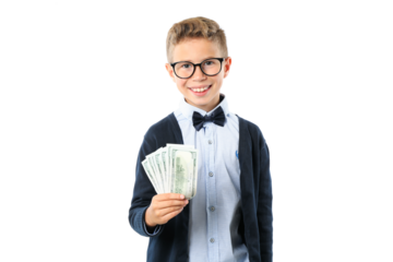 PNG,boy holding money in his hand, isolated on white background