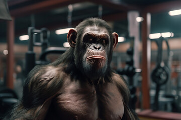 fit Chimpanzee standing at the gym, Fit Chimp flexing muscles at the gym, isolated on white background, generative AI