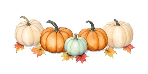 Watercolor pumpkins and autumn leaves, generative ai