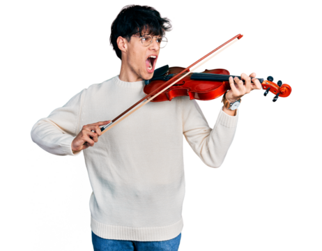 Handsome hipster young man playing violin angry and mad screaming frustrated and furious, shouting with anger. rage and aggressive concept.