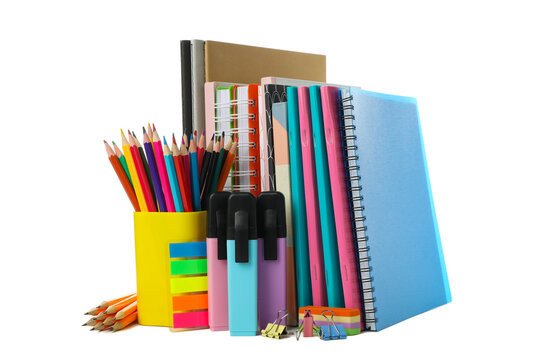 School supplies with opened book isolated on a white background, Stock  image