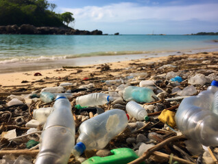 Fototapeta na wymiar Plastic bottles and waste at a beautiful beach, ai generated
