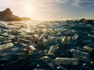 Fototapeta premium Plastic bottles and waste in the sea at a beach, ai generated 