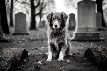Abandoned dog at the grave of his owner, who did not leave a will for guardianship and did not take out insurance in favor of the pet, generative ai