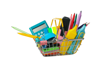 PNG,shopping basket with school supplies, isolated on white background