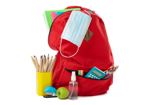 PNG,school supplies with medical mask and sanitizer, isolated on white background