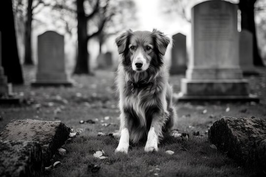Abandoned dog at the grave of his owner, who did not leave a will for guardianship and did not take out insurance in favor of the pet, generative ai