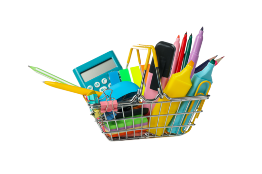 PNG,shopping basket with school supplies, isolated on white background