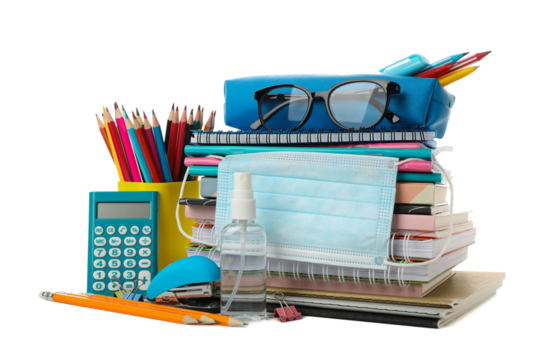 PNG,school supplies with medical mask and sanitizer, isolated on white background