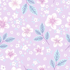Floral seamless pattern. Big and small flowers and leaves on violet background. Pastel botanical print