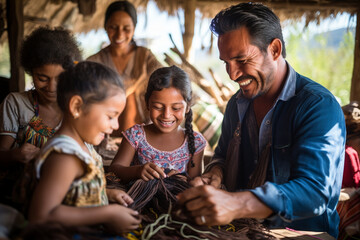Fototapeta premium Parents and children participating in a Colombian weaving workshop on a rural farm, latam, farm, finca, Colombian, couples, family Generative AI