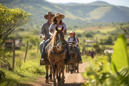 Family enjoying a horse-drawn carriage ride on a traditional Colombian finca, latam, farm, finca, Colombian, couples, family Generative AI