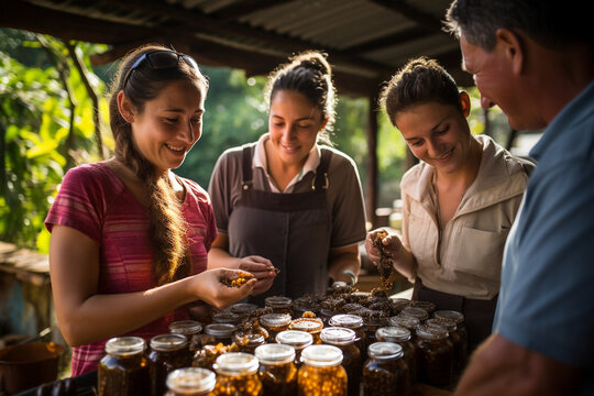 Parents and children learning about Colombian beekeeping and tasting fresh honey on a rural farm, latam, farm, finca, Colombian, couples, family Generative AI