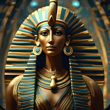  goddess adorned with traditional Egyptian symbols and accessories, such as a headdress, jewelry, and garments, reflecting the cultural and religious