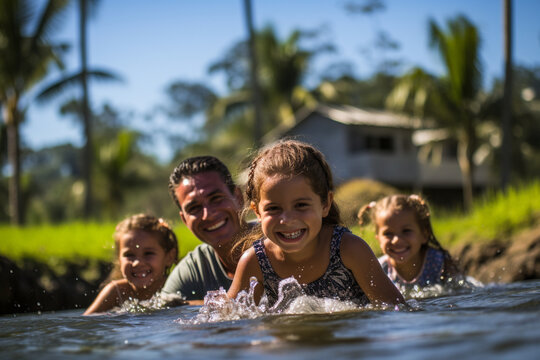 Parents and children enjoying a refreshing swim in a Colombian farm's natural pool, latam, farm, finca, Colombian, couples, family Generative AI