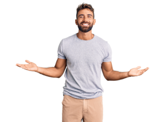 Young hispanic man wearing casual clothes smiling showing both hands open palms, presenting and advertising comparison and balance