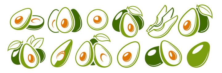 Set of flat avocado icons isolated on white background. Vector illustration