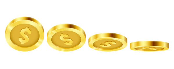 Gold coins in different position. Money isolated on a white background. Vector illustration.