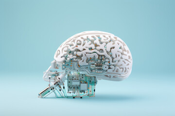 Cerveau humain connecté avec des circuits imprimés symbolisant l'intelligence artificielle et l'homme augmenté sur un fond pastel