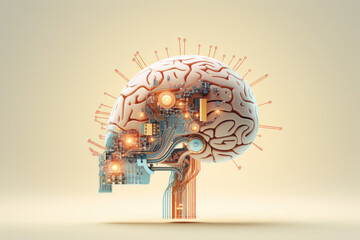 Cerveau humain connecté avec des circuits imprimés symbolisant l'intelligence artificielle et l'homme augmenté sur un fond pastel