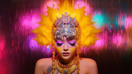 Asiatische Frau Gesicht mit Neon Kopschmuck aus Federn und Blumen Poster Nahaufnahme, ai generativ