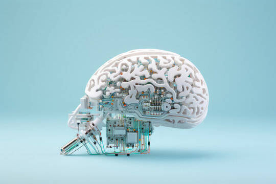 Cerveau humain connect&eacute; avec des circuits imprim&eacute;s symbolisant l'intelligence artificielle et l'homme augment&eacute; sur un fond pastel
