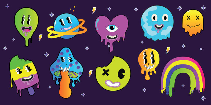 Psychedelic cartoon sticker set. Funny faces with distorted eyes and vibrant colors. Flowing texture. Crazy eyes.