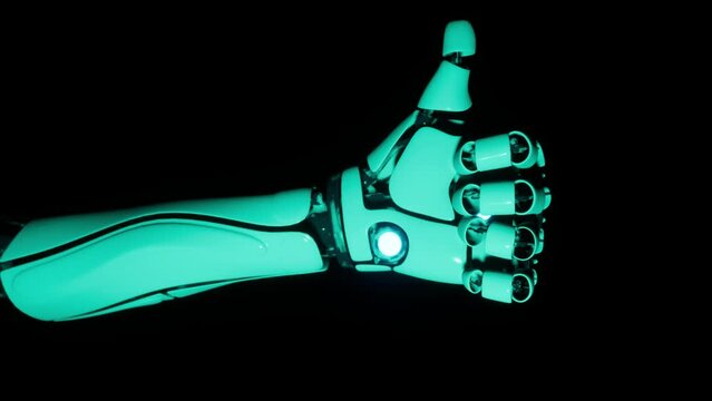 blue green robot hand showing thumb up gesture. Agrees with the concept or proposal or answer. Modern trendy animation on a black background