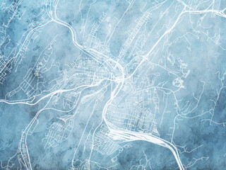 Illustration of a map of the city of  Cumberland Maryland in the United States of America with white roads on a icy blue frozen background.