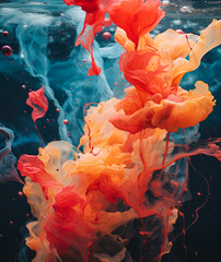 Fototapeta premium An explosion of paint and color in water, ink spilling vivid color. Tropical, sea background. A coral reef in deep, dark water. Illustration. Generative AI.