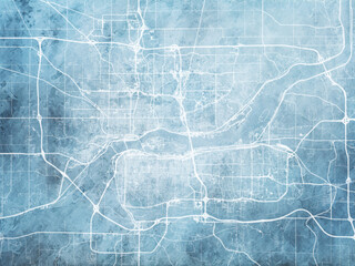 Illustration of a map of the city of  Davenport Iowa in the United States of America with white roads on a icy blue frozen background.