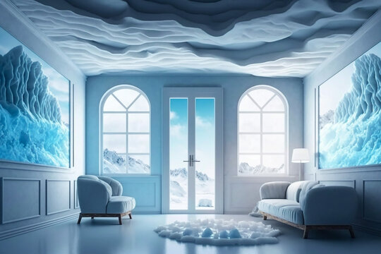 Ascetic interior design with ice imitation decorations and mountain scenery behind the window. AI generated image
