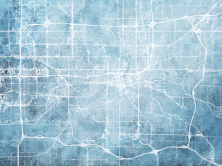 Illustration of a map of the city of  Des Moines Iowa in the United States of America with white roads on a icy blue frozen background.