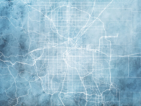 Illustration of a map of the city of  Denver Colorado in the United States of America with white roads on a icy blue frozen background.