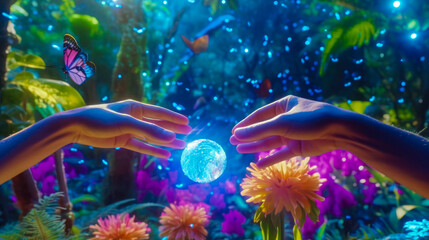 hands control holographic sphere, luminous glowing butterflies and particles around, jungle in the background, futuristic eco hi-tech concept, colorful fluorescent scene